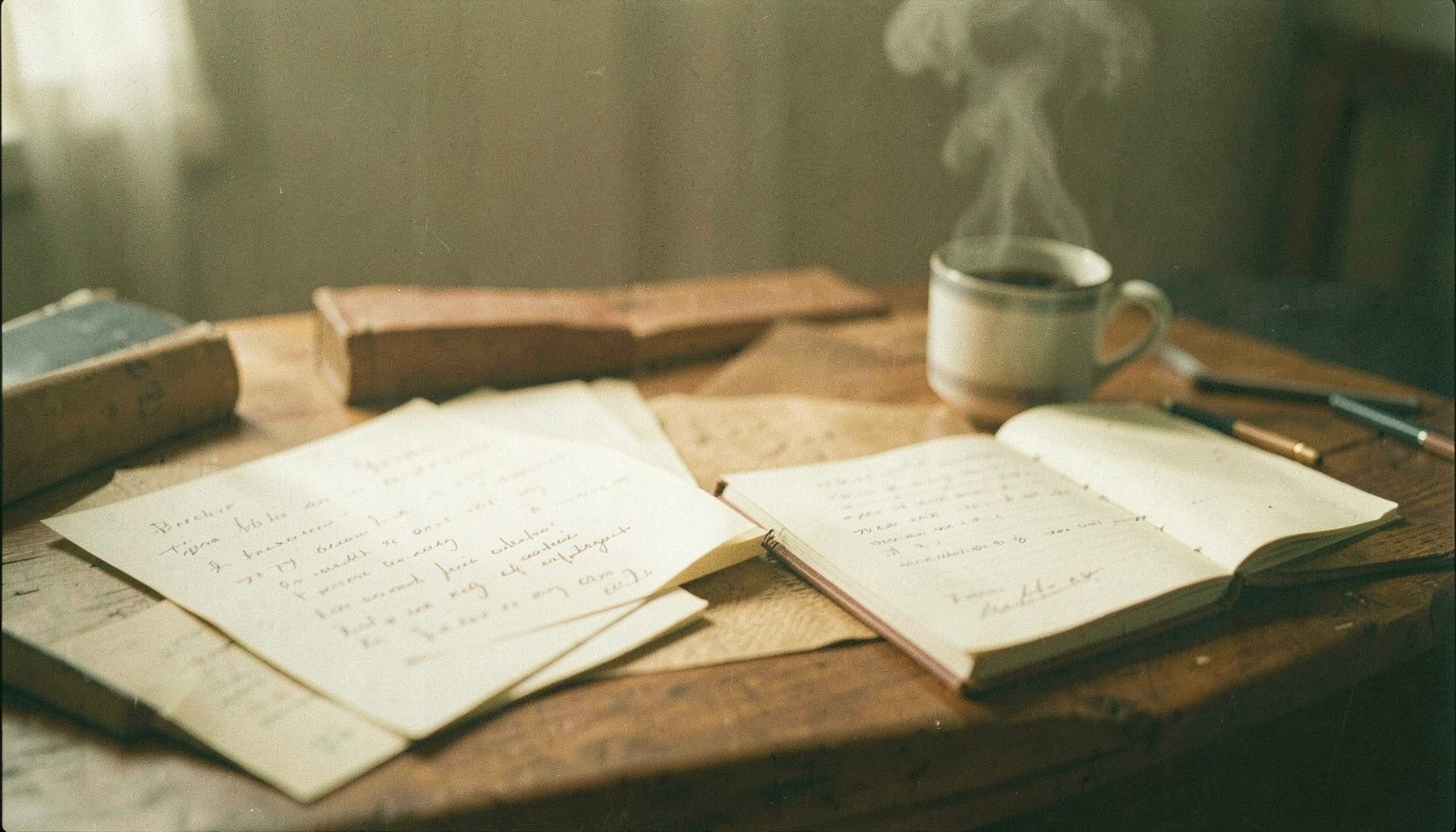 A softly lit wooden writing desk with scattered handwritten pages, a steaming mug, and an open notebook; warm amber and cream tones, quiet morning atmosphere.